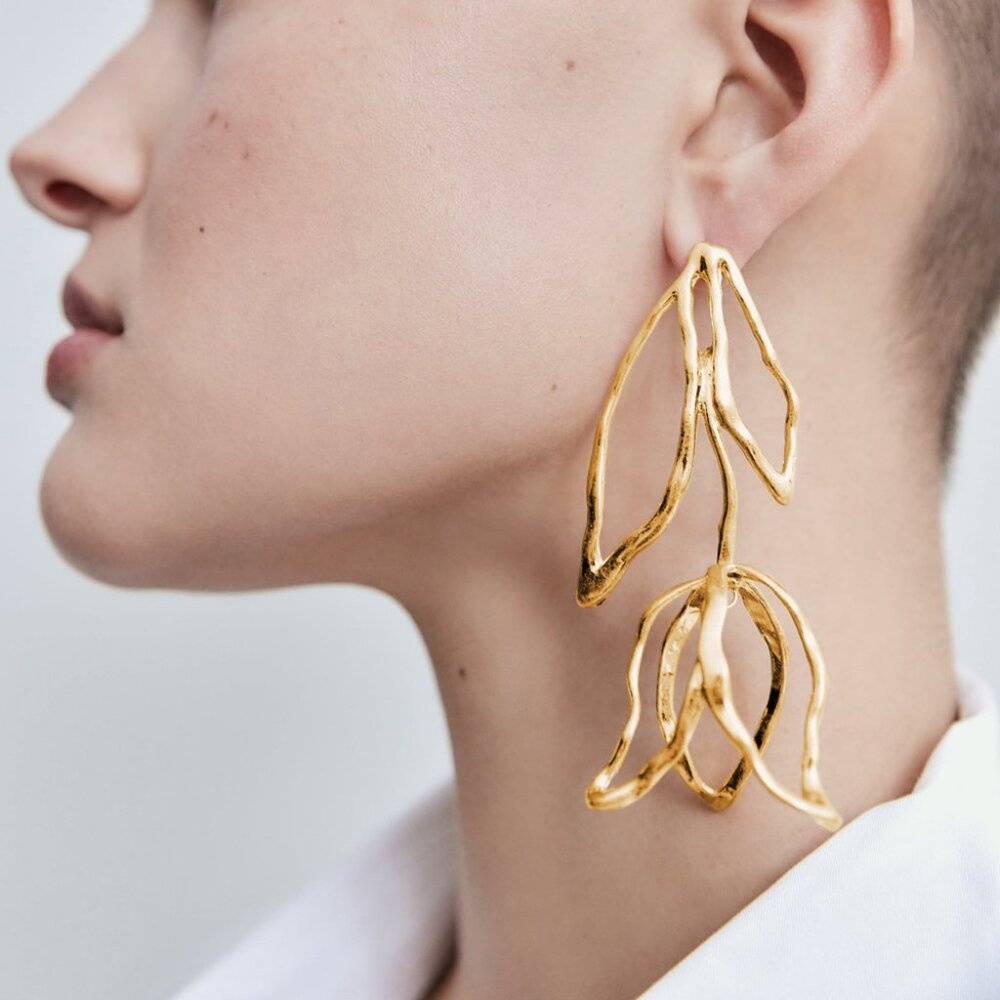 ZARA Spring Tulips Gold Flower Theme Large Statement Earrings NEW